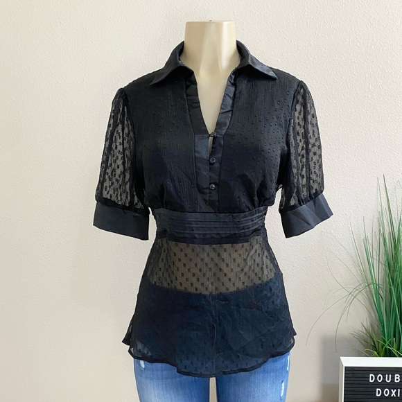 Studio 1940 Tops - STUDIO 1940 | Vintage Black Sheer V Neck Collared Blouse Sz L